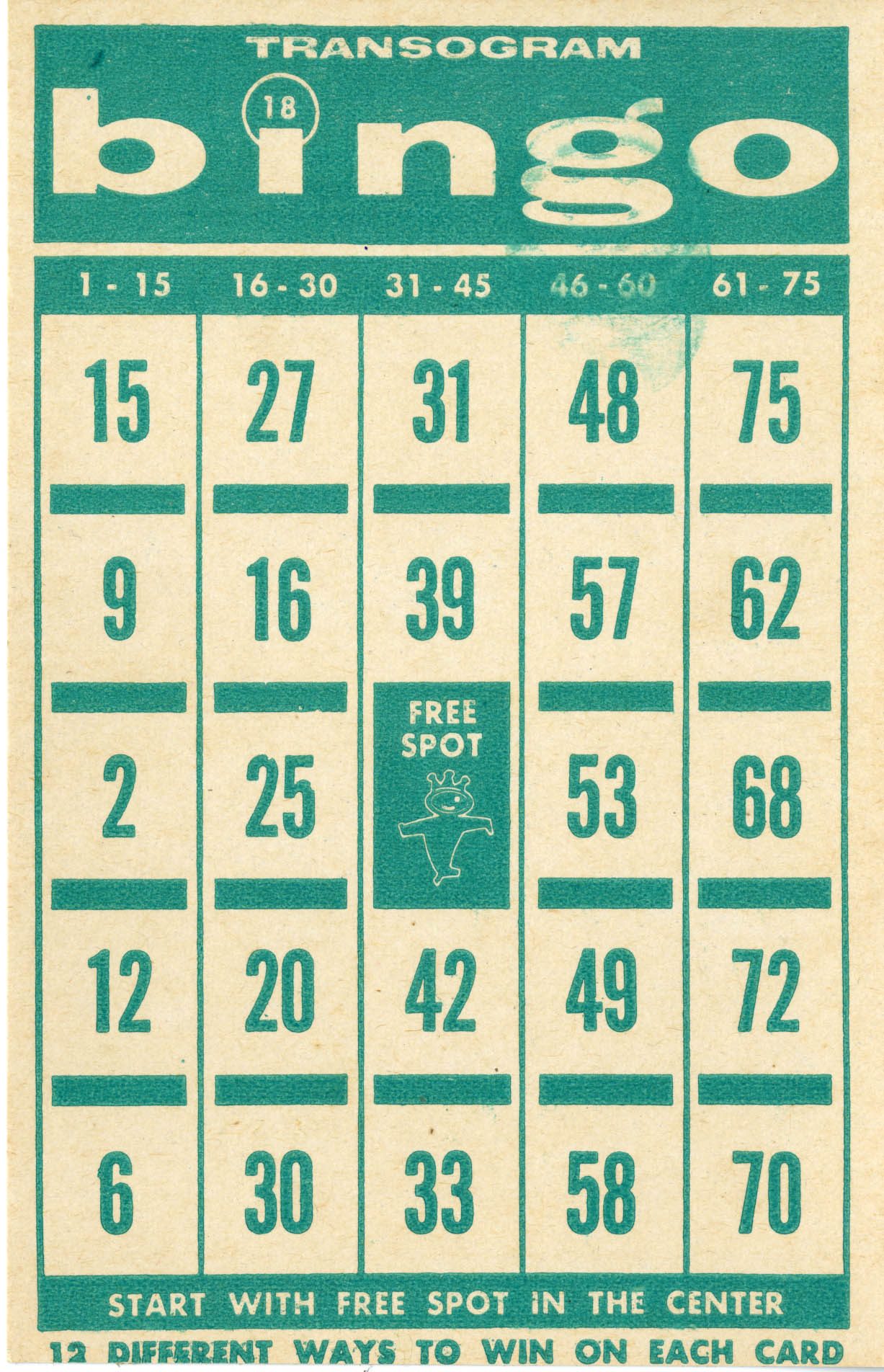Thẻ bingo 75 số với năm cột chữ B-I-N-G-O